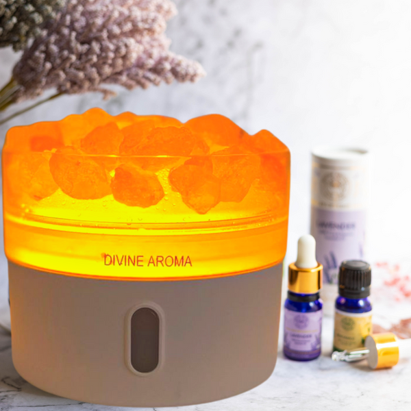 divine aroma himalayan rock salt aroma diffuser / humidifier lamp for aromatherapy with essential oils or aroma oils for home, office, shops, hotels, resorts