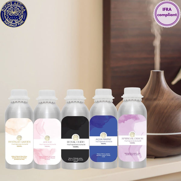 DIVINE AROMA fragrance/aroma diffuser oils for strong pleasant aroma at hotels, resorts, home, bedrooms, workspaces - royal oudh, amour, aqua marine, spring blossom, mystique garden