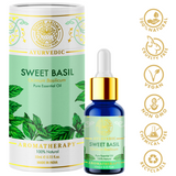 Divine aroma Sweet basil 100% pure and natural essential oil in luxury packaging and blue bottle with golden dropper cap for aromatherapy for skin,hair,aroma,bath,mental wellness