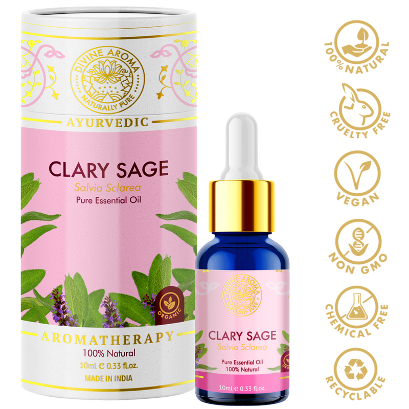 Divine aroma clary sage 100% pure and natural essential oil in luxury packaging and blue bottle with golden dropper cap for aromatherapy for skin,hair,aroma,bath,mental wellness