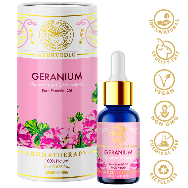 Divine aroma geranium 100% pure and natural essential oil in luxury packaging and blue bottle with golden dropper cap for aromatherapy for skin,hair,aroma,bath,mental wellness