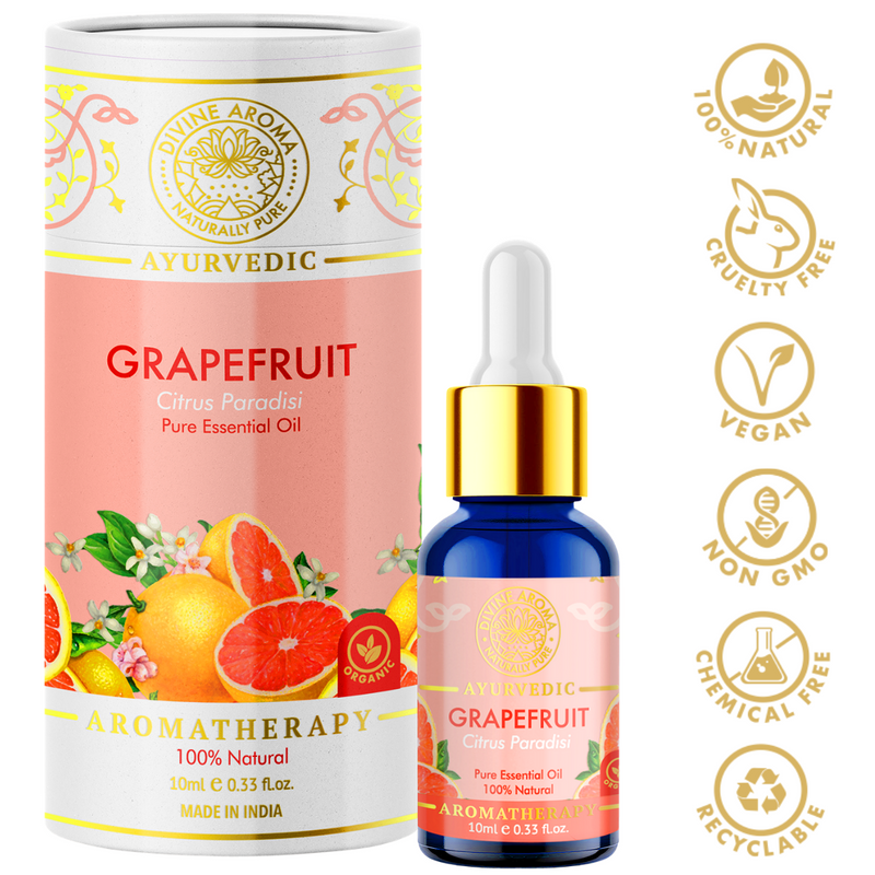 Divine aroma Grapefruit 100% pure and natural essential oil in luxury packaging and blue bottle with golden dropper cap for aromatherapy for skin,hair,aroma,bath,mental wellness