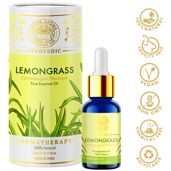Divine aroma Lemongrass 100% pure and natural essential oil in luxury packaging and blue bottle with golden dropper cap for aromatherapy for skin,hair,aroma,bath,mental wellness