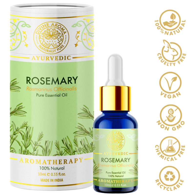 Divine aroma rosemary 100% pure and natural essential oil in luxury packaging and blue bottle with golden dropper cap for aromatherapy for skin,hair,aroma,bath,mental wellness
