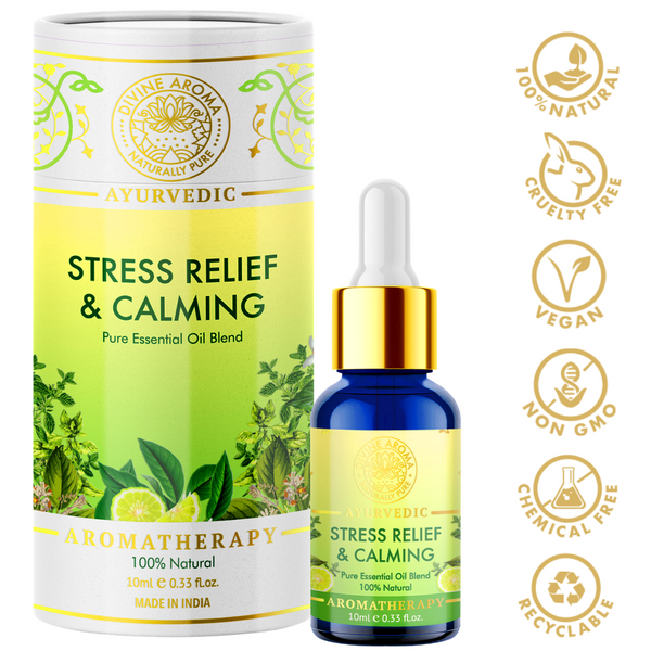 Divine aroma stress relief and calming 100% pure and natural essential oil blend in luxury packaging and blue bottle with golden dropper cap for aromatherapy for skin,hair,aroma,bath,mental wellness