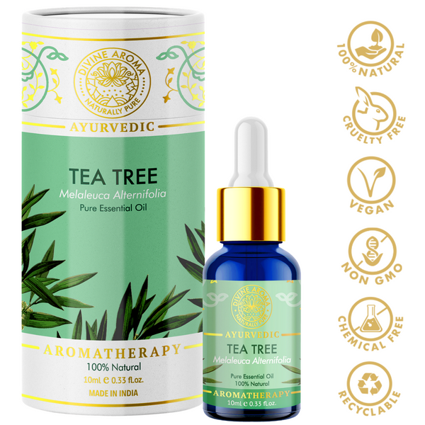 Divine aroma tea tree 100% pure and natural essential oil in luxury packaging and blue bottle with golden dropper cap for aromatherapy for skin,hair,aroma,bath,mental wellness
