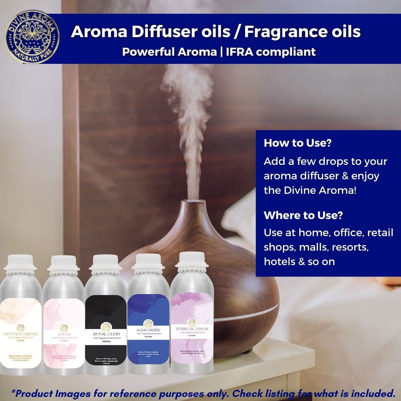 divine aroma aromatherapy with aroma diffuser oils / fragrance oils and aroma diffuser for home, office, retail shops, hotels, resorts in bulk packaging, strong aroma.